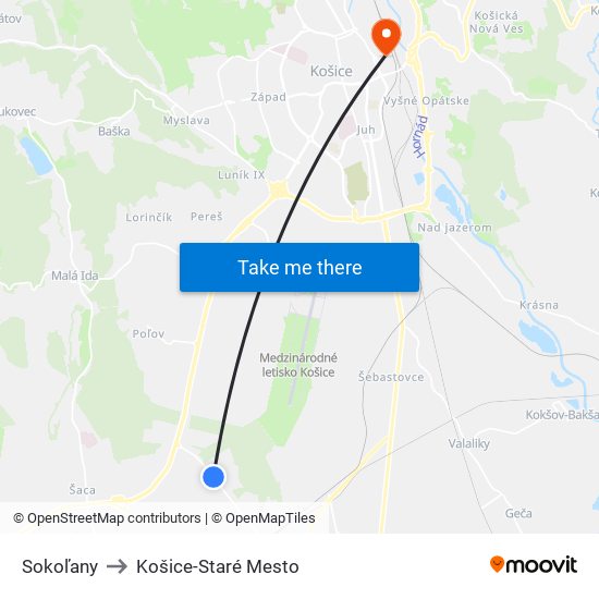 Sokoľany to Košice-Staré Mesto map