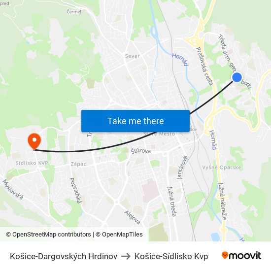 Košice-Dargovských Hrdinov to Košice-Sídlisko Kvp map