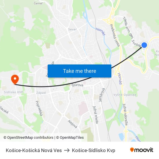 Košice-Košická Nová Ves to Košice-Sídlisko Kvp map