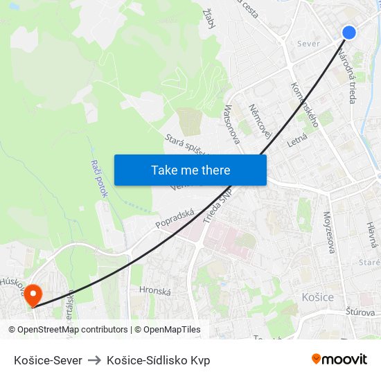 Košice-Sever to Košice-Sídlisko Kvp map