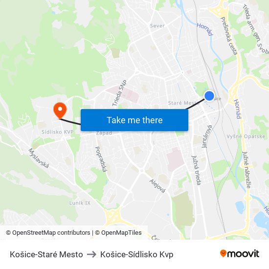 Košice-Staré Mesto to Košice-Sídlisko Kvp map