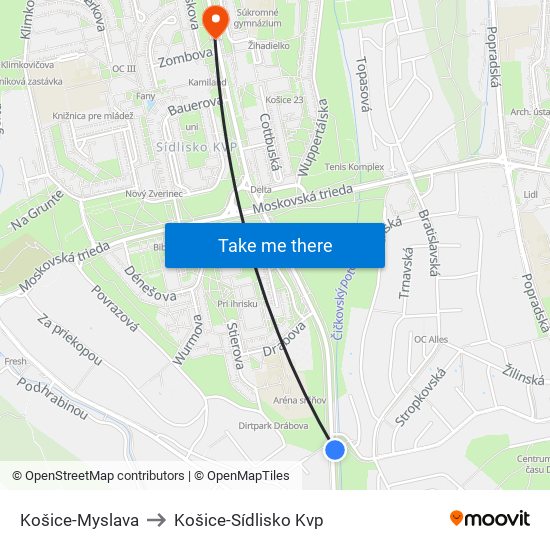 Košice-Myslava to Košice-Sídlisko Kvp map