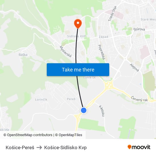 Košice-Pereš to Košice-Sídlisko Kvp map