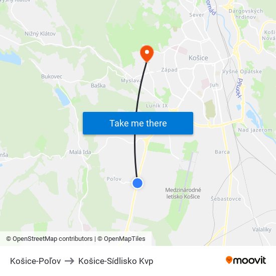 Košice-Poľov to Košice-Sídlisko Kvp map