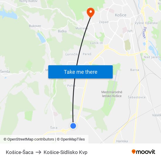 Košice-Šaca to Košice-Sídlisko Kvp map