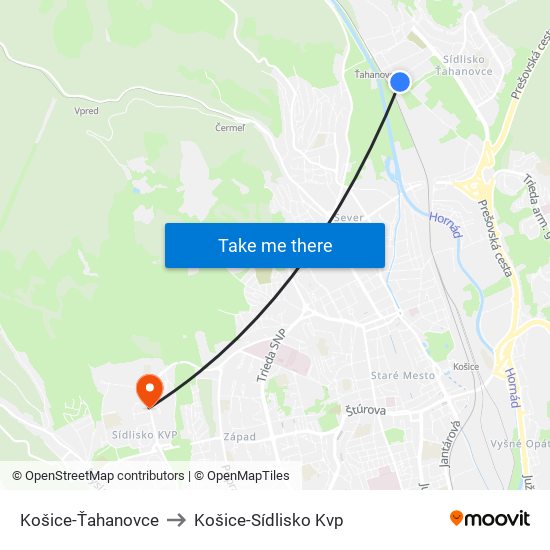 Košice-Ťahanovce to Košice-Sídlisko Kvp map