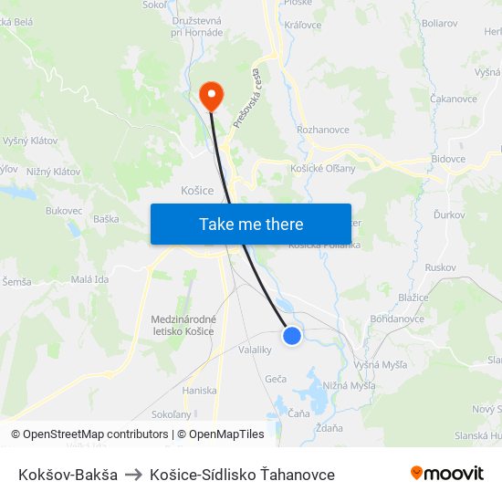 Kokšov-Bakša to Košice-Sídlisko Ťahanovce map