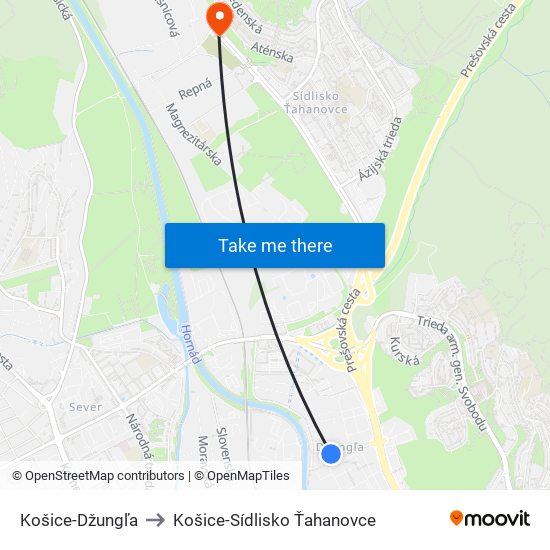 Košice-Džungľa to Košice-Sídlisko Ťahanovce map