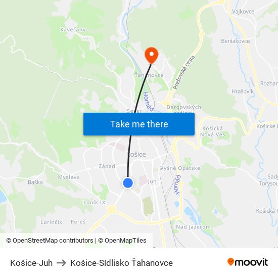 Košice-Juh to Košice-Sídlisko Ťahanovce map