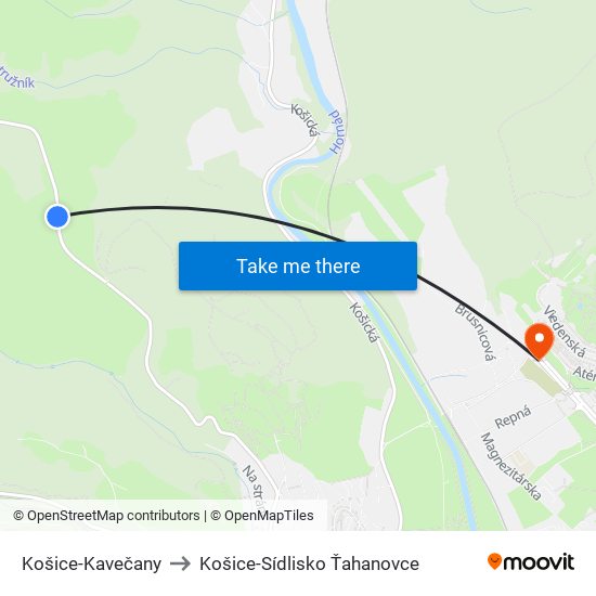 Košice-Kavečany to Košice-Sídlisko Ťahanovce map