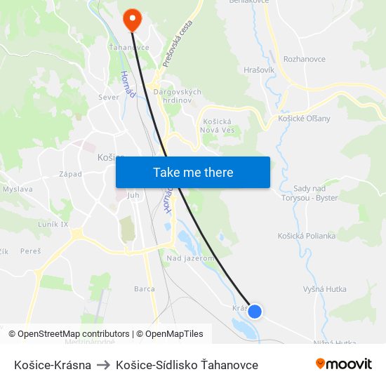 Košice-Krásna to Košice-Sídlisko Ťahanovce map