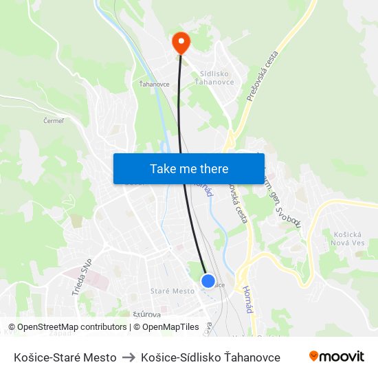 Košice-Staré Mesto to Košice-Sídlisko Ťahanovce map