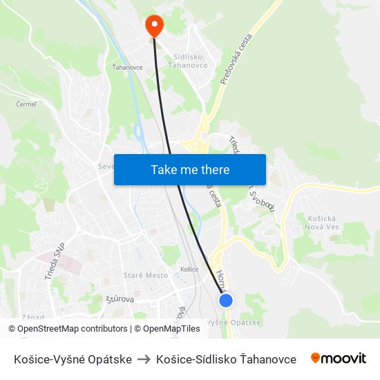 Košice-Vyšné Opátske to Košice-Sídlisko Ťahanovce map