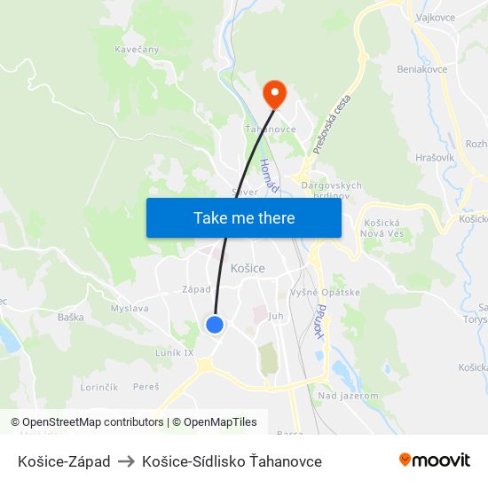 Košice-Západ to Košice-Sídlisko Ťahanovce map