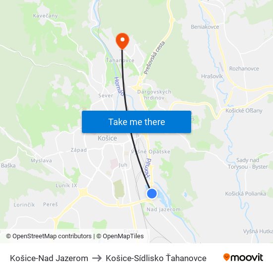 Košice-Nad Jazerom to Košice-Sídlisko Ťahanovce map