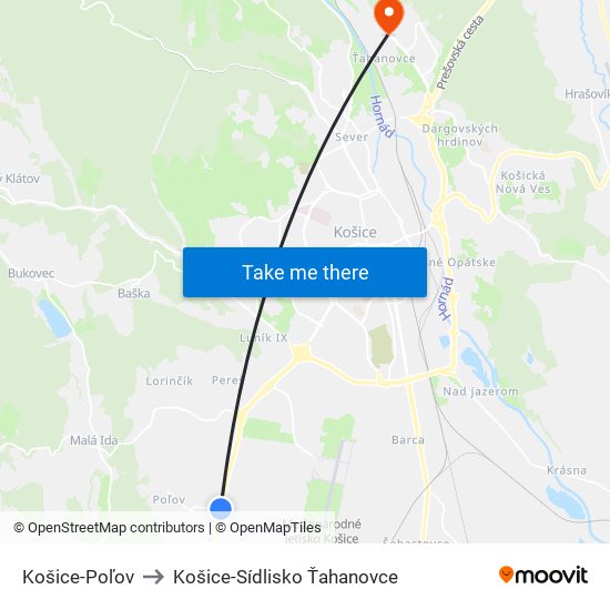 Košice-Poľov to Košice-Sídlisko Ťahanovce map