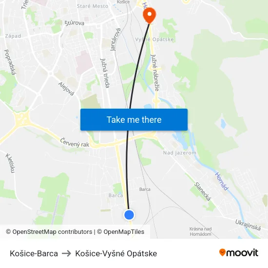 Košice-Barca to Košice-Vyšné Opátske map