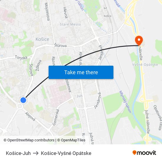 Košice-Juh to Košice-Vyšné Opátske map