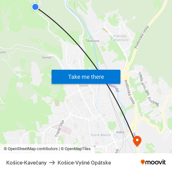 Košice-Kavečany to Košice-Vyšné Opátske map