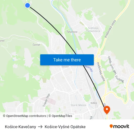 Košice-Kavečany to Košice-Vyšné Opátske map