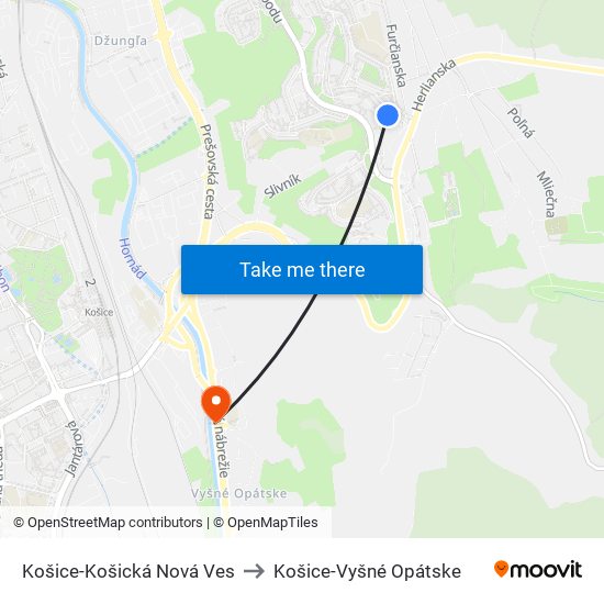 Košice-Košická Nová Ves to Košice-Vyšné Opátske map