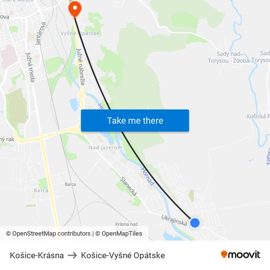 Košice-Krásna to Košice-Vyšné Opátske map