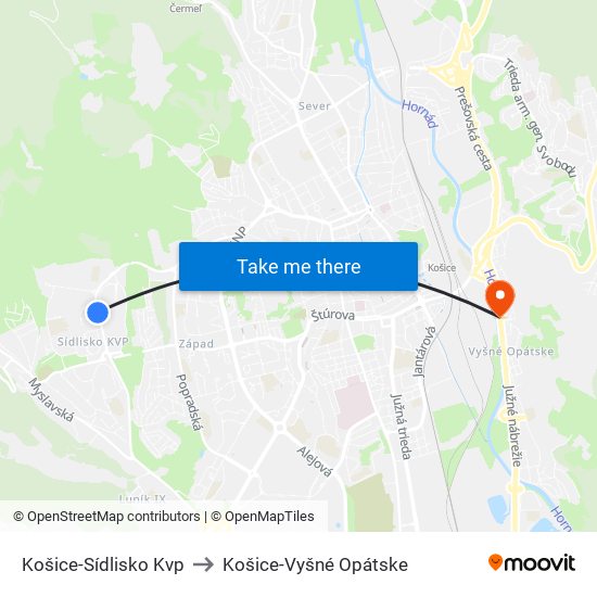 Košice-Sídlisko Kvp to Košice-Vyšné Opátske map