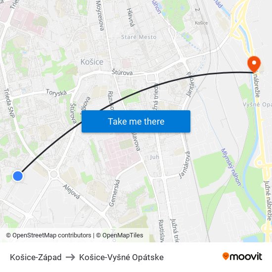 Košice-Západ to Košice-Vyšné Opátske map