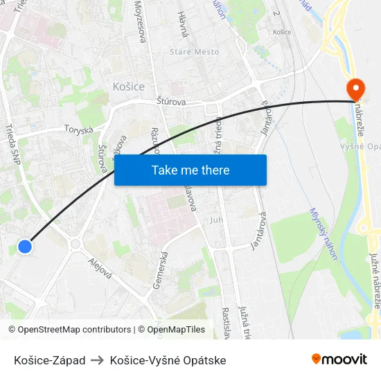 Košice-Západ to Košice-Vyšné Opátske map