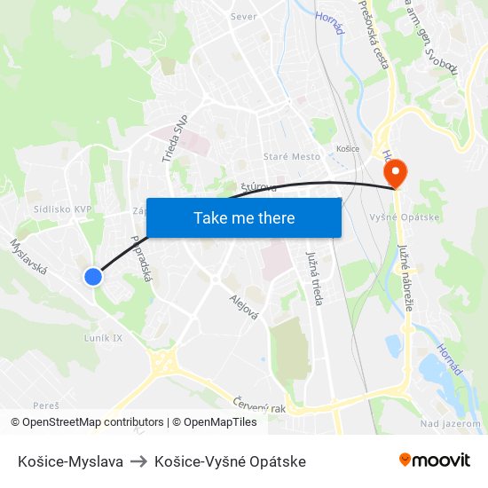 Košice-Myslava to Košice-Vyšné Opátske map