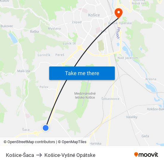 Košice-Šaca to Košice-Vyšné Opátske map