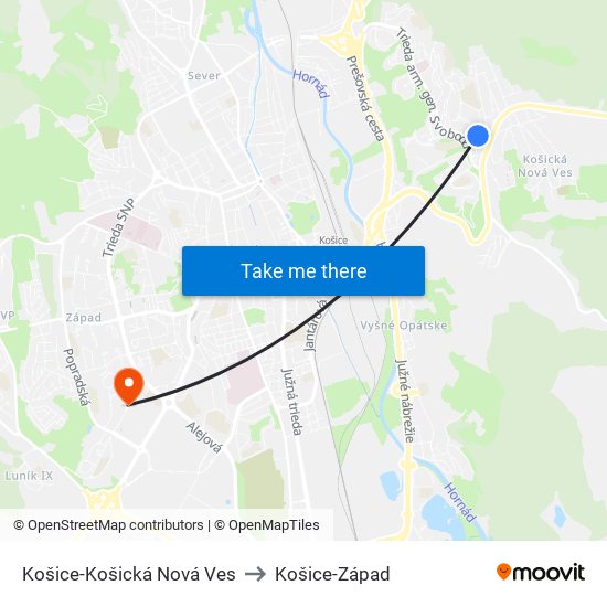 Košice-Košická Nová Ves to Košice-Západ map