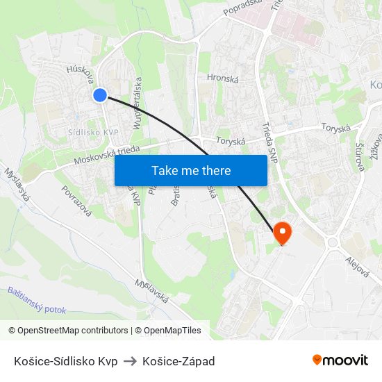 Košice-Sídlisko Kvp to Košice-Západ map