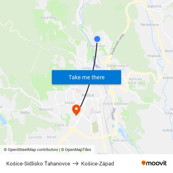 Košice-Sídlisko Ťahanovce to Košice-Západ map