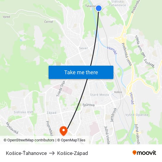 Košice-Ťahanovce to Košice-Západ map