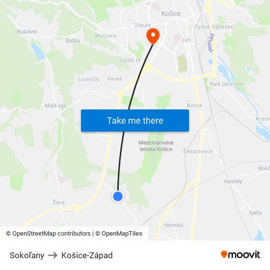 Sokoľany to Košice-Západ map