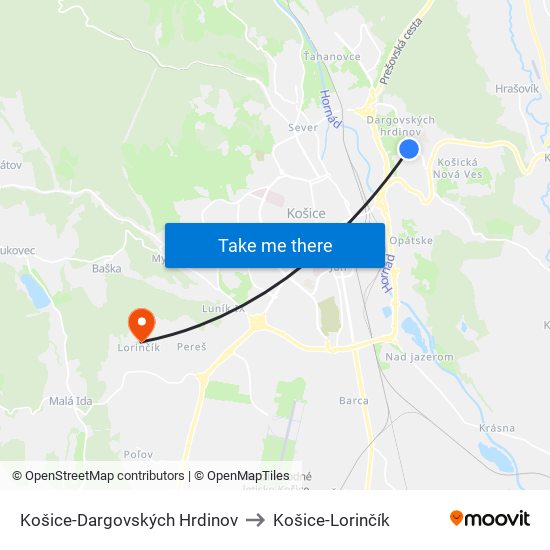 Košice-Dargovských Hrdinov to Košice-Lorinčík map