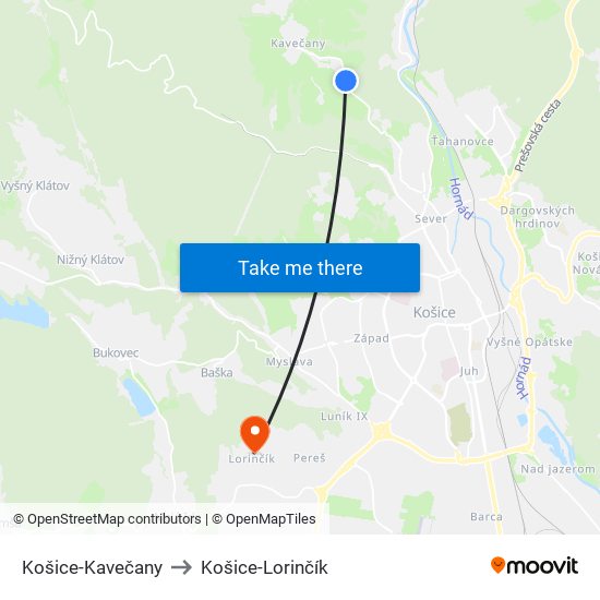 Košice-Kavečany to Košice-Lorinčík map