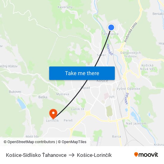 Košice-Sídlisko Ťahanovce to Košice-Lorinčík map