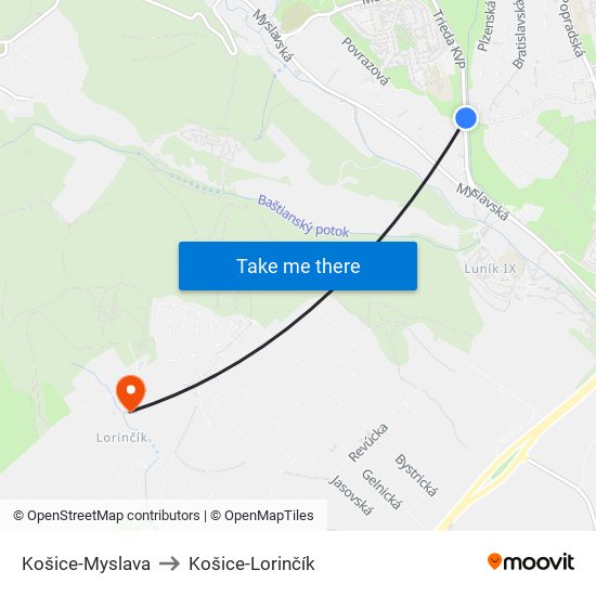 Košice-Myslava to Košice-Lorinčík map