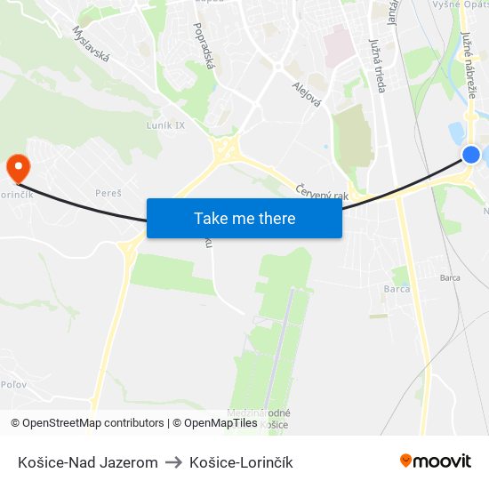 Košice-Nad Jazerom to Košice-Lorinčík map