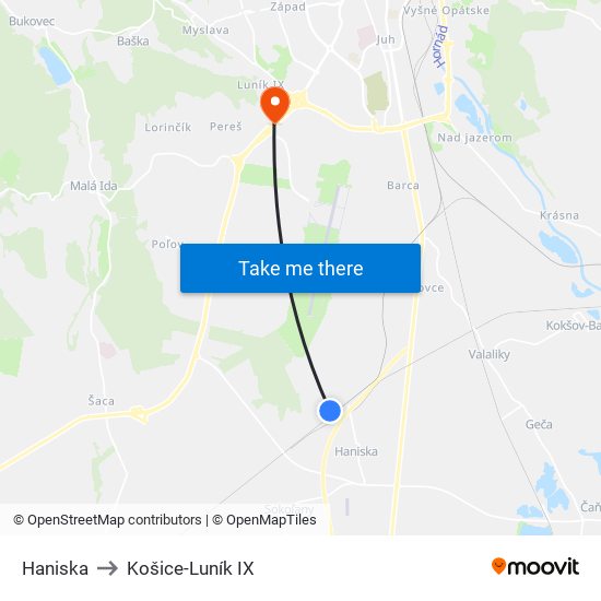 Haniska to Košice-Luník IX map