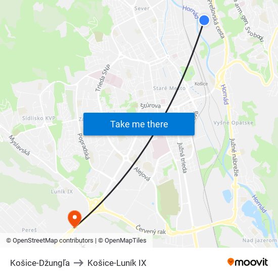 Košice-Džungľa to Košice-Luník IX map