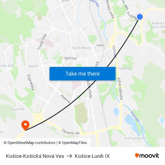 Košice-Košická Nová Ves to Košice-Luník IX map