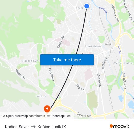 Košice-Sever to Košice-Luník IX map