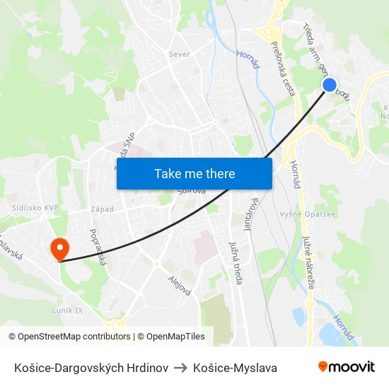 Košice-Dargovských Hrdinov to Košice-Myslava map