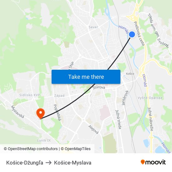 Košice-Džungľa to Košice-Myslava map