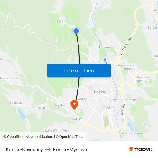 Košice-Kavečany to Košice-Myslava map