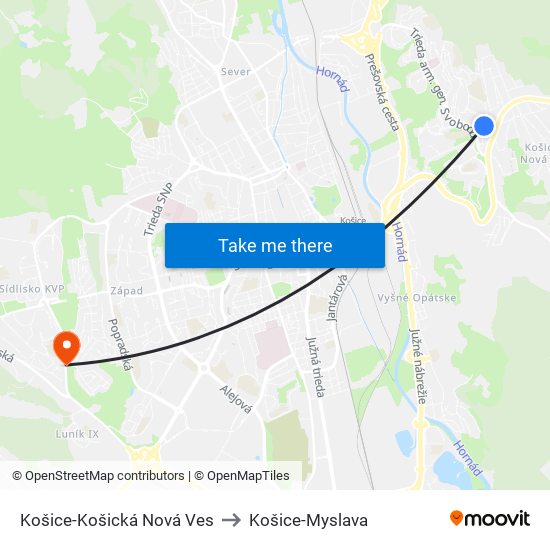 Košice-Košická Nová Ves to Košice-Myslava map