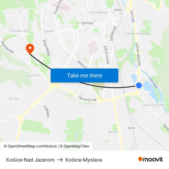 Košice-Nad Jazerom to Košice-Myslava map